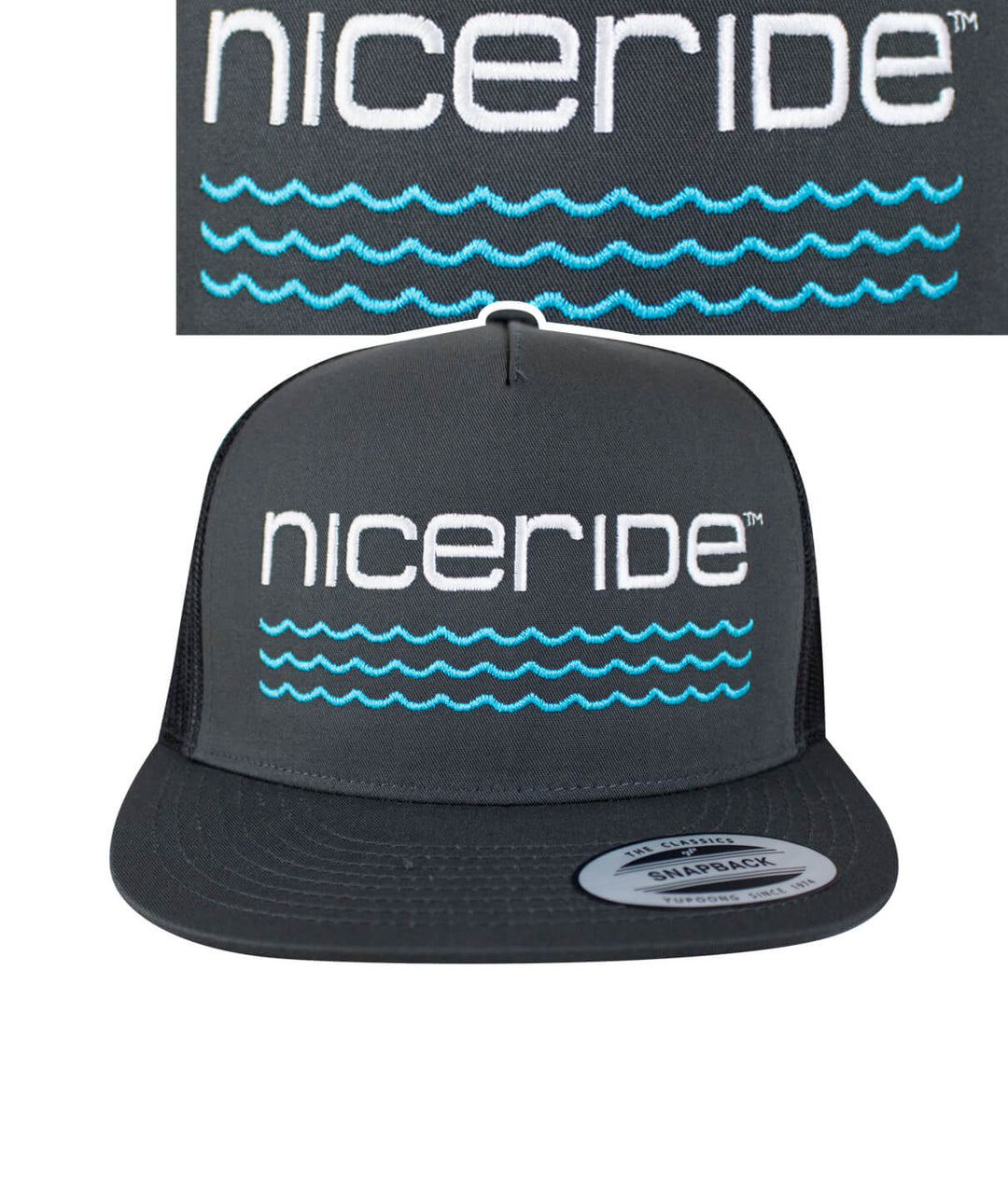 On The Water - Center Charcoal Trucker Hat featuring NICERIDE design embroidered on front and palm logo on back.