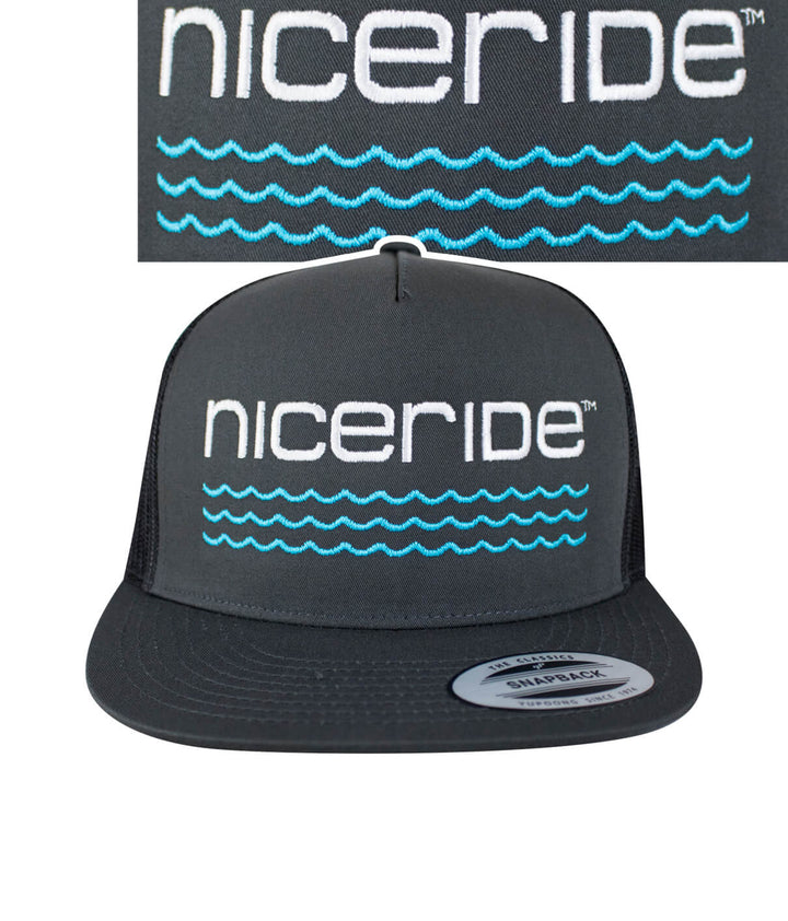 On The Water - Center Charcoal Trucker Hat featuring NICERIDE design embroidered on front and palm logo on back.