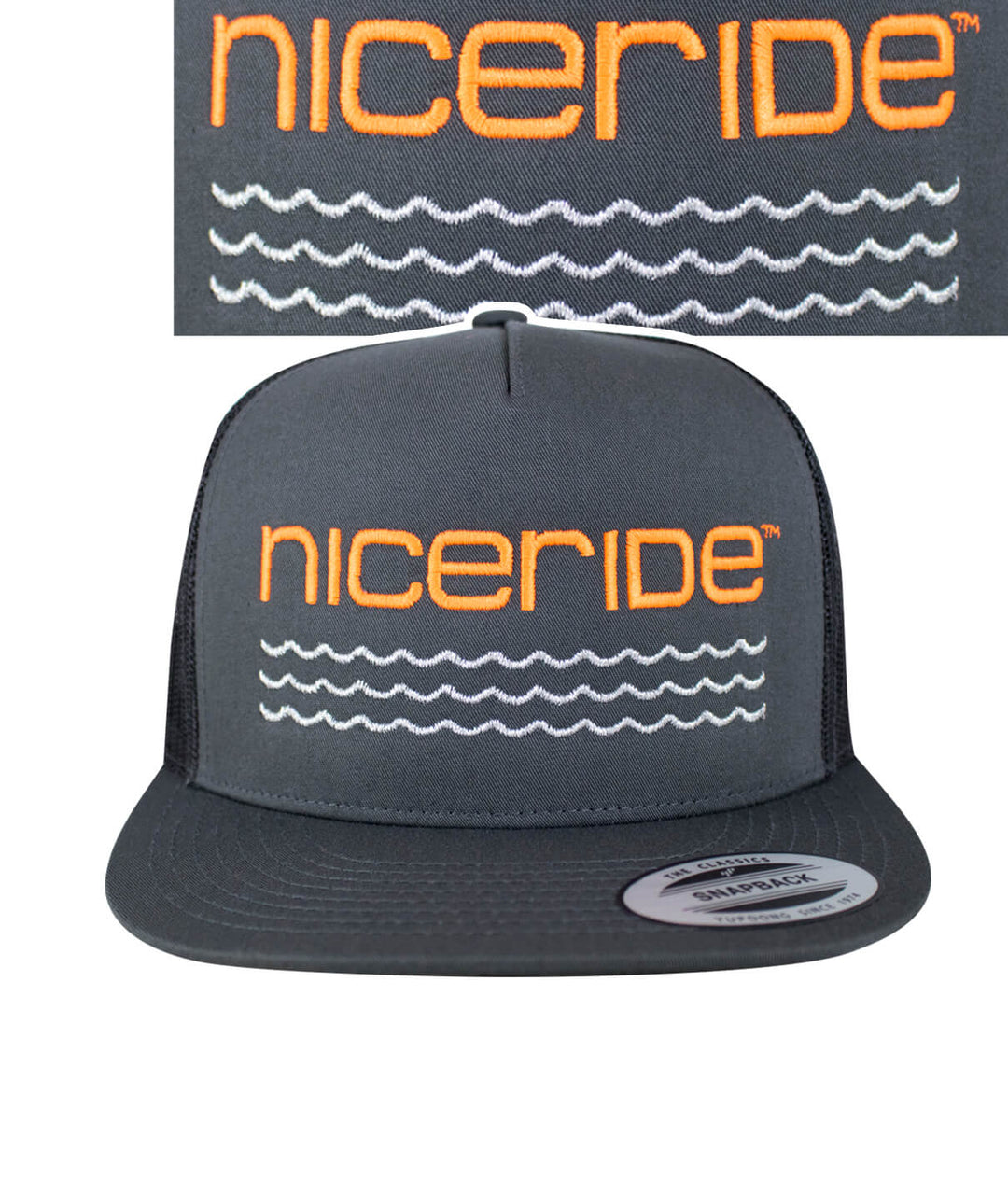 On The Water - Center Charcoal Trucker Hat featuring NICERIDE logo embroidery on the front.