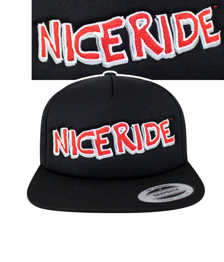 NICERIDE logo on a black Bed Rock foam trucker hat, featuring the focus keyword hat in the design.
