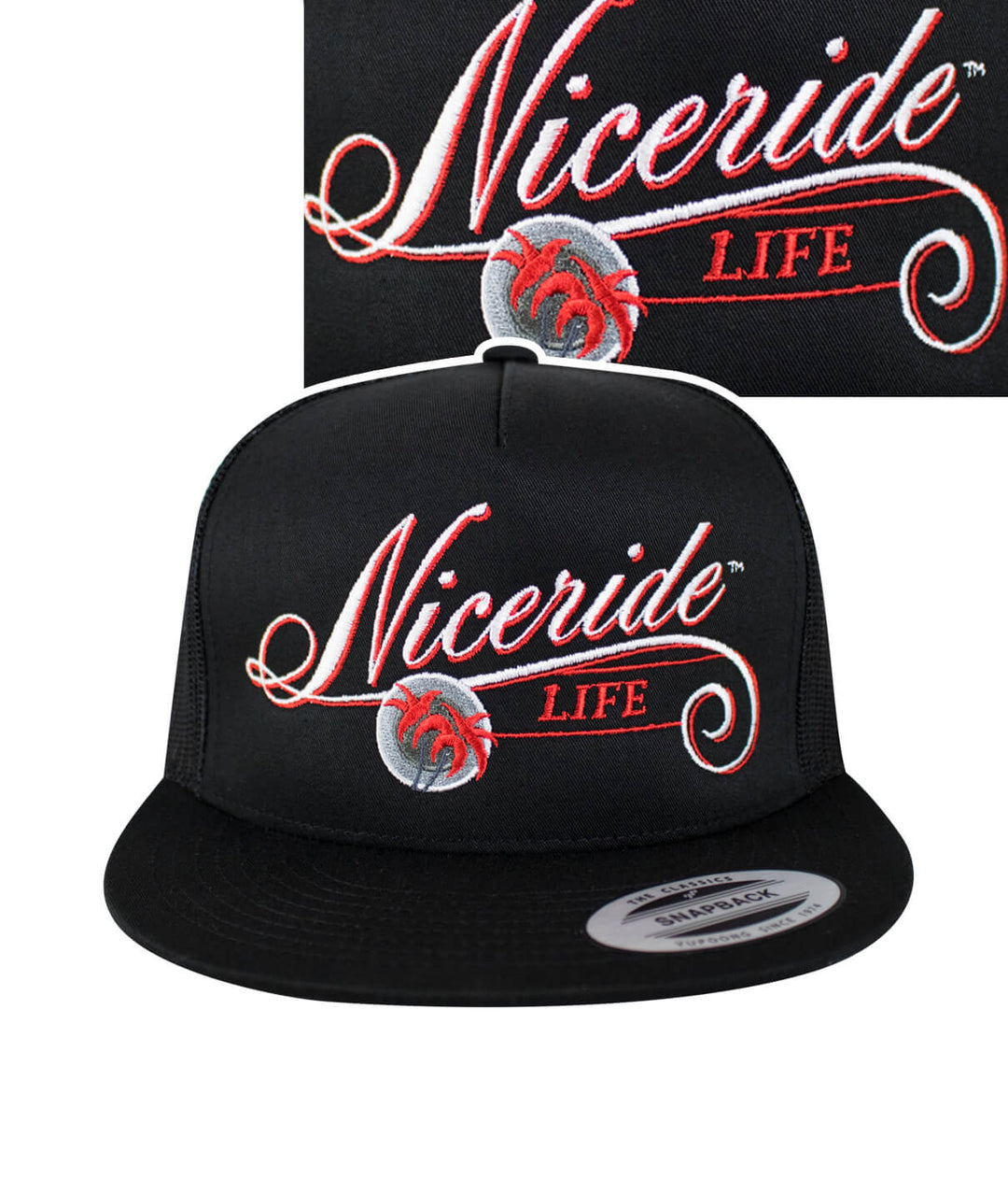 The LIFE - Red Trucker Hat featuring NICERIDE logo and palm design, perfect stylish hat for outdoor activities.