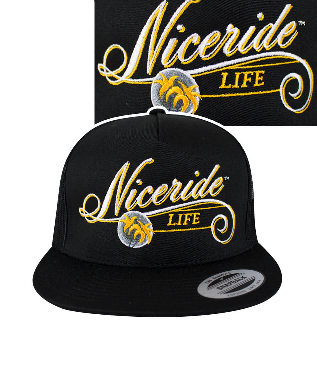 The LIFE - Yellow Trucker Hat featuring NICERIDE logo and palm design embroidered on black cap.