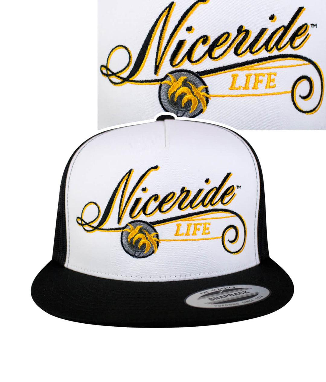 The LIFE - Yellow Trucker Hat featuring NICERIDE logo and design, stylish baseball cap, perfect hat for casual outings.