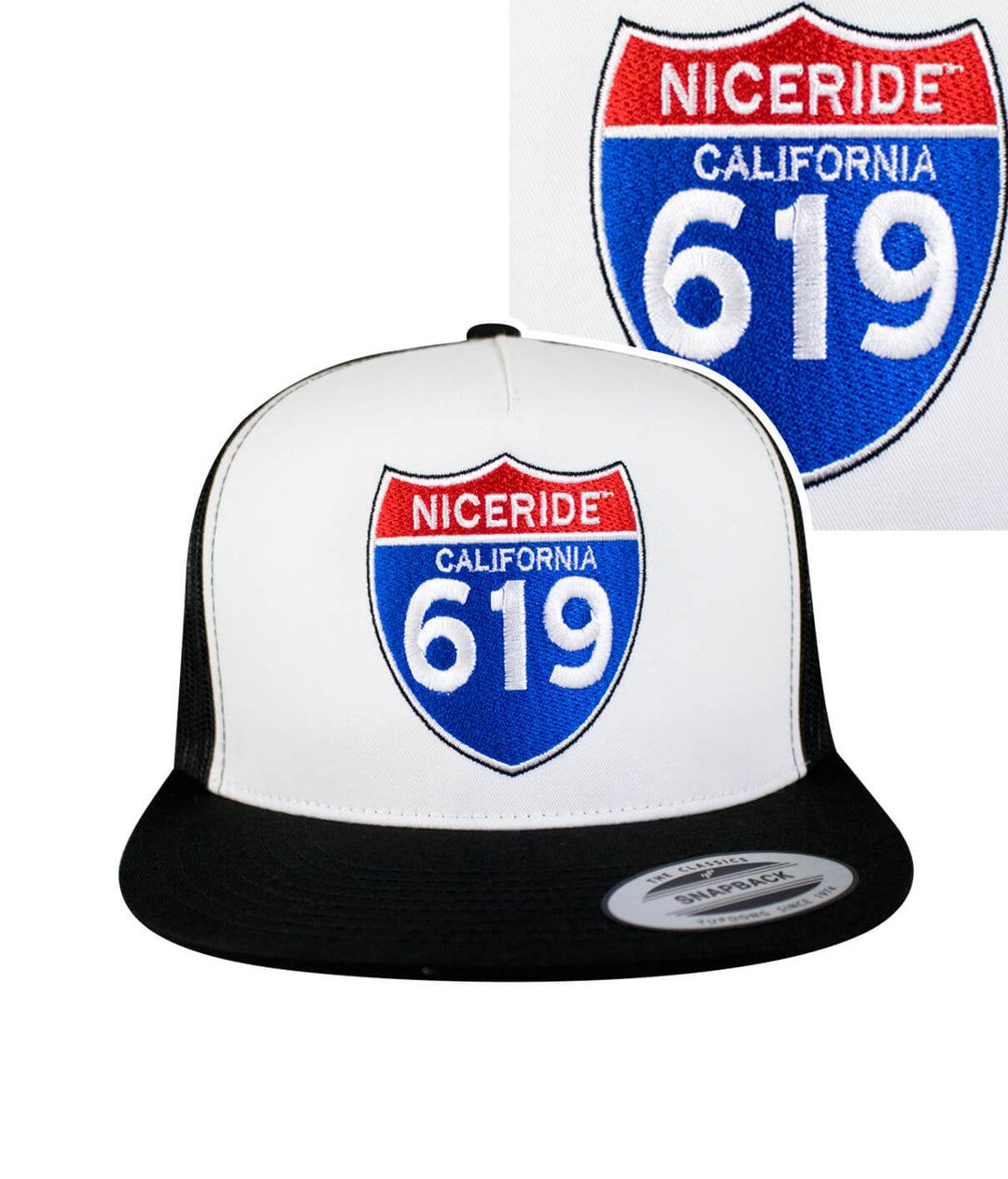 Interstate 619 hat featuring NICERIDE logo embroidered on a classic snapback trucker cap