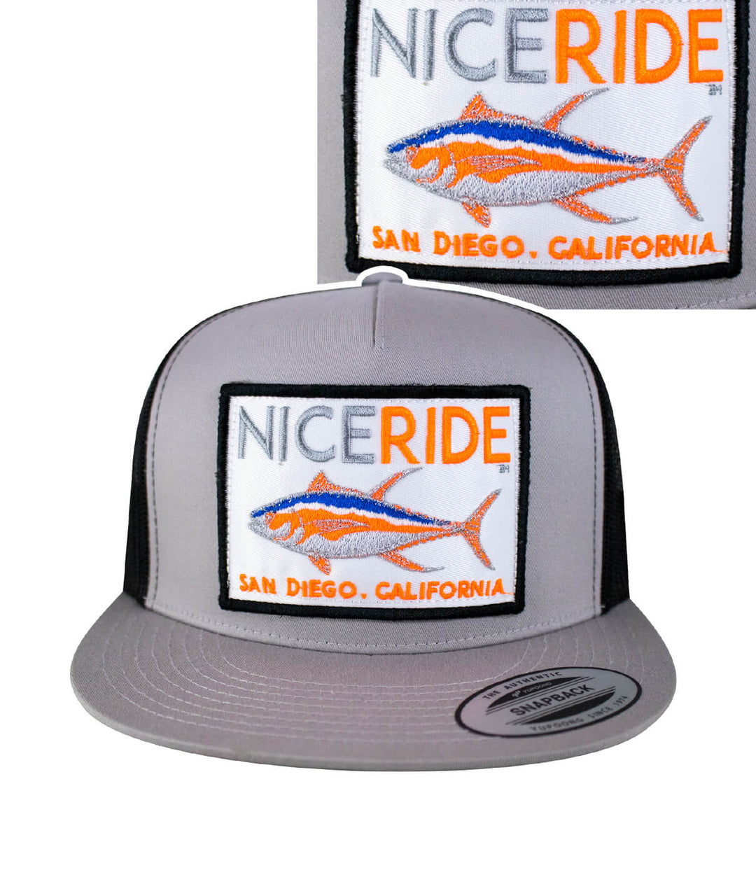 NICERIDE snapback hat with embroidered design featuring a fish and text, perfect for casual wear.