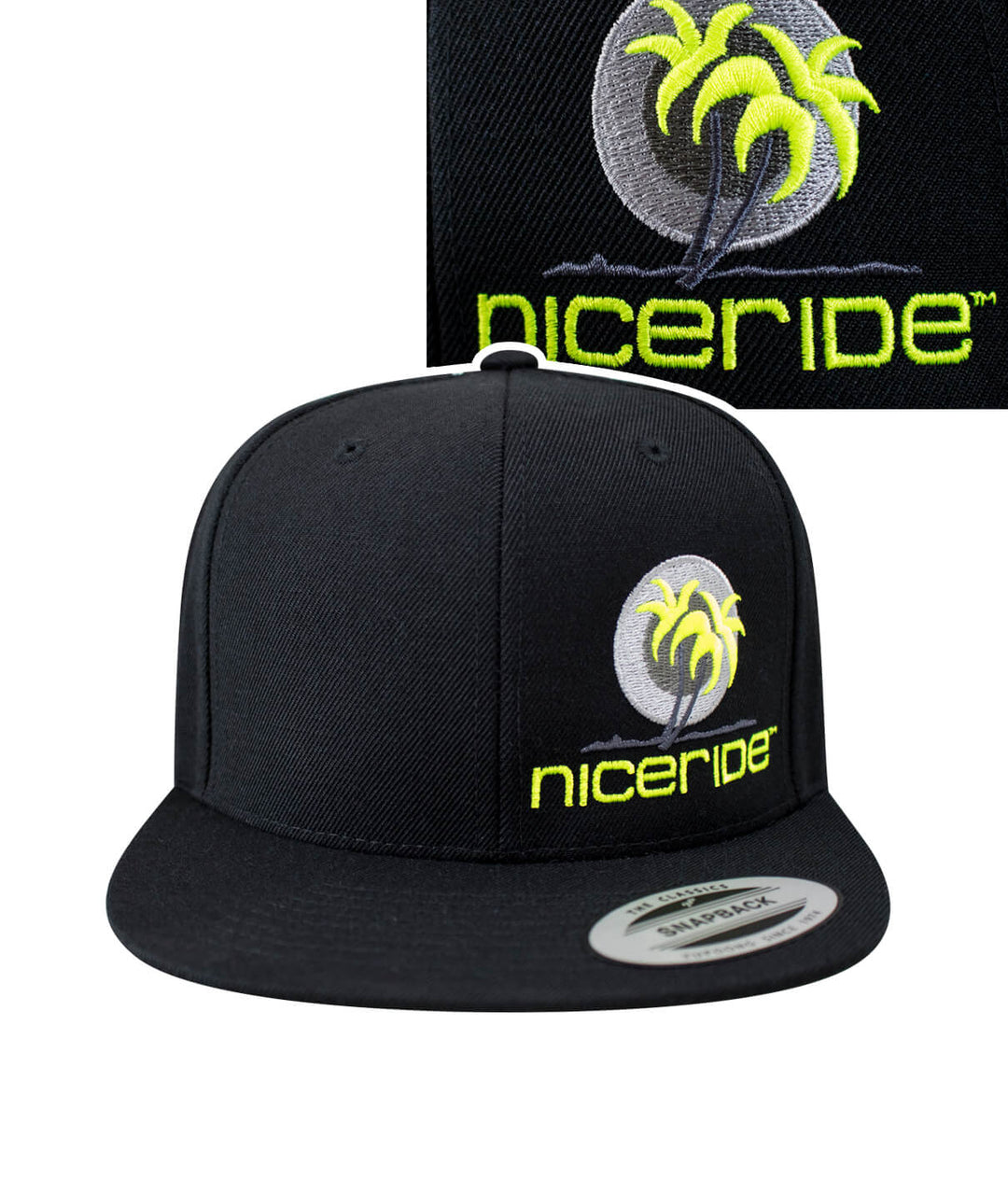 Metro Palm Snapback Hat featuring NICERIDE logo and palm design, perfect stylish hat for casual wear.