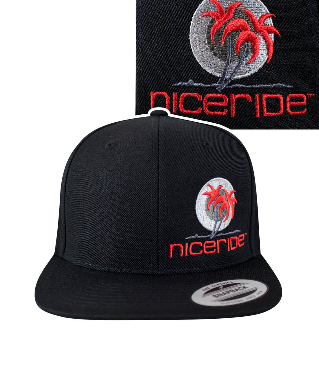 Metro Palm Snapback Hat featuring NICERIDE logo and palm tree design embroidered on classic black cap.