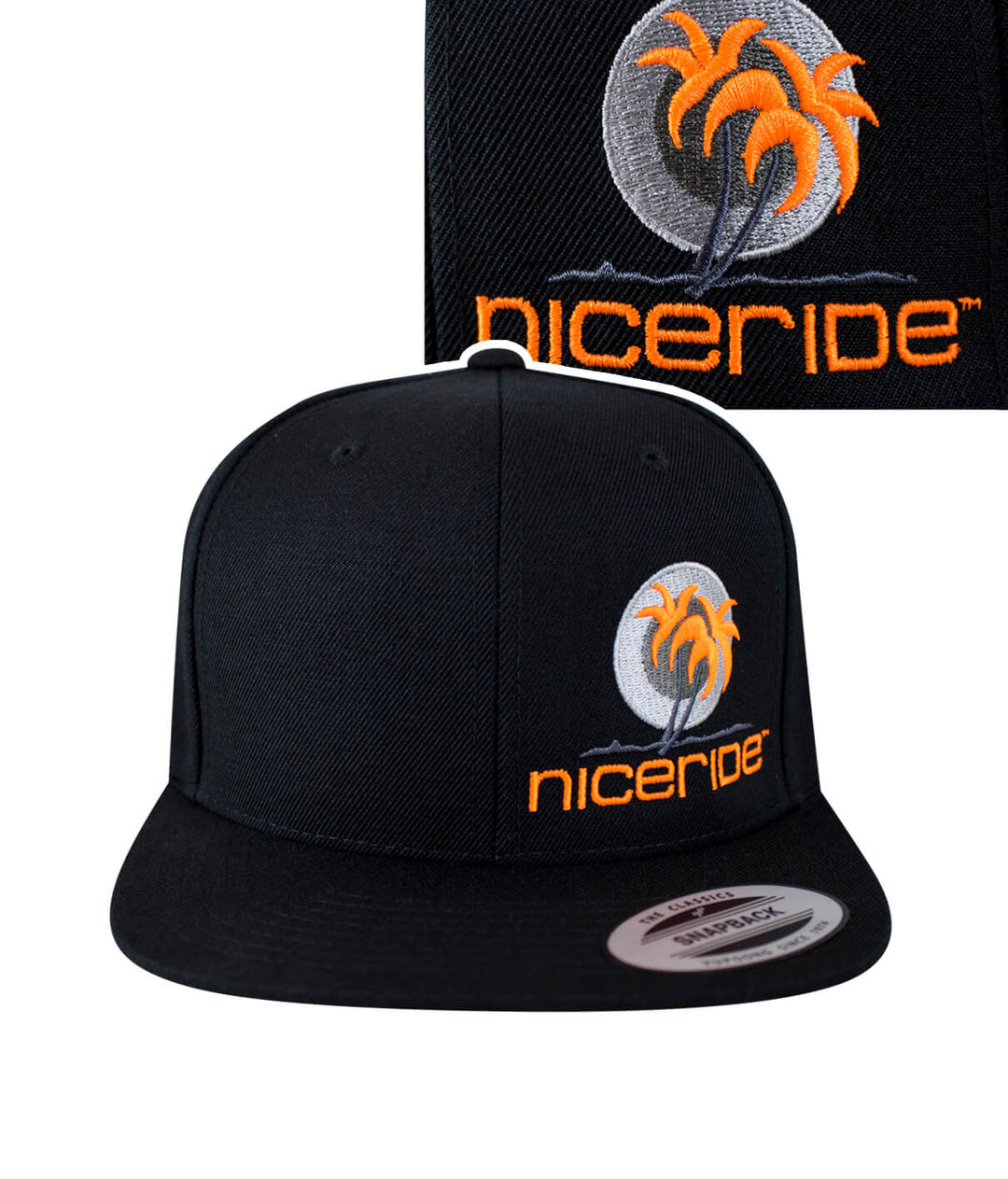 Metro Palm snapback hat featuring NICERIDE logo and stylish palm tree embroidery, perfect hat for casual wear.