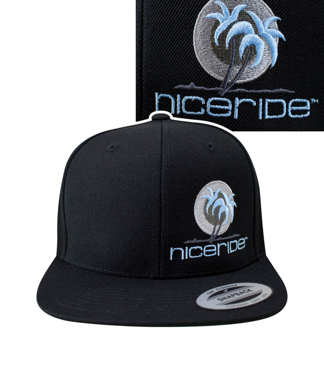 Metro Palm snapback hat featuring NICERIDE logo and palm tree design, a stylish black baseball cap.