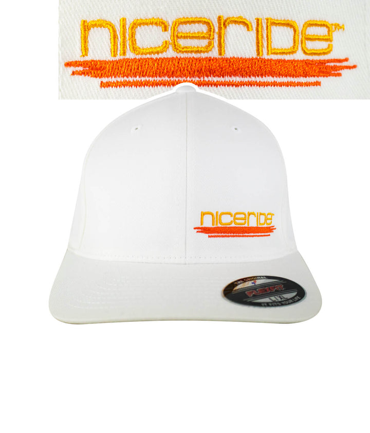 Sunrise Classic Flexfit Hat featuring NICERIDE logo embroidered in orange on a white background.