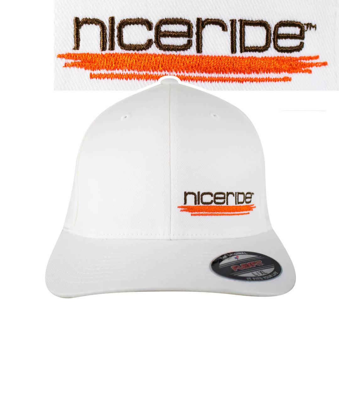 Sunrise Classic Flexfit Hat in white featuring NICERIDE logo embroidered on the front, perfect hat for style and comfort.