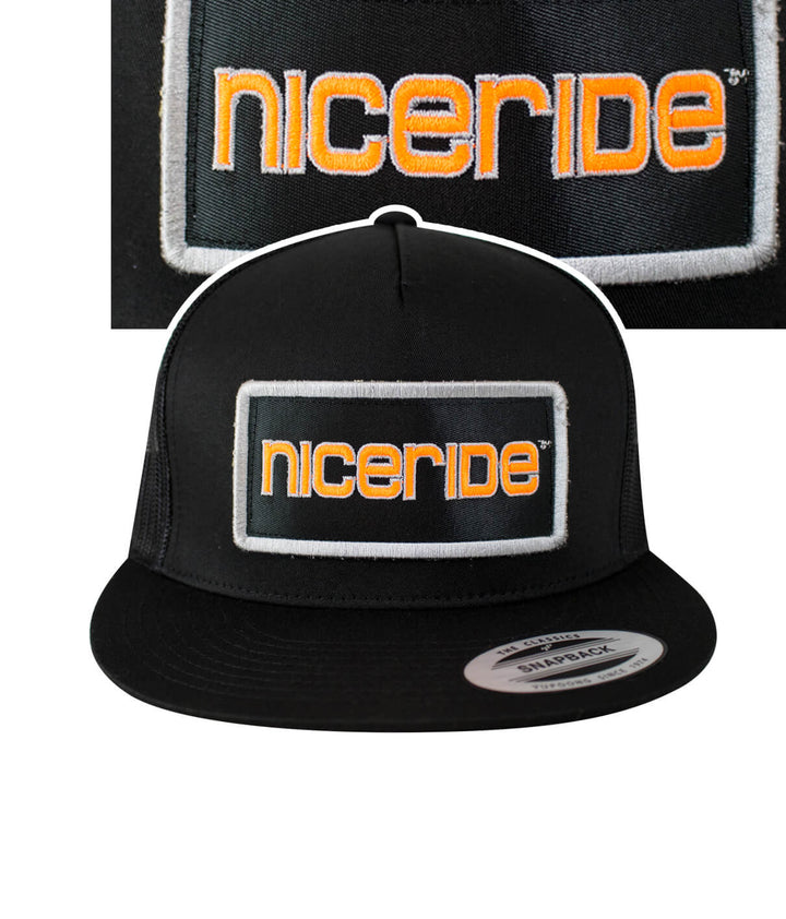 Tower Patch Trucker Hat with NICERIDE logo embroidered on the front and black palm logo on the back.