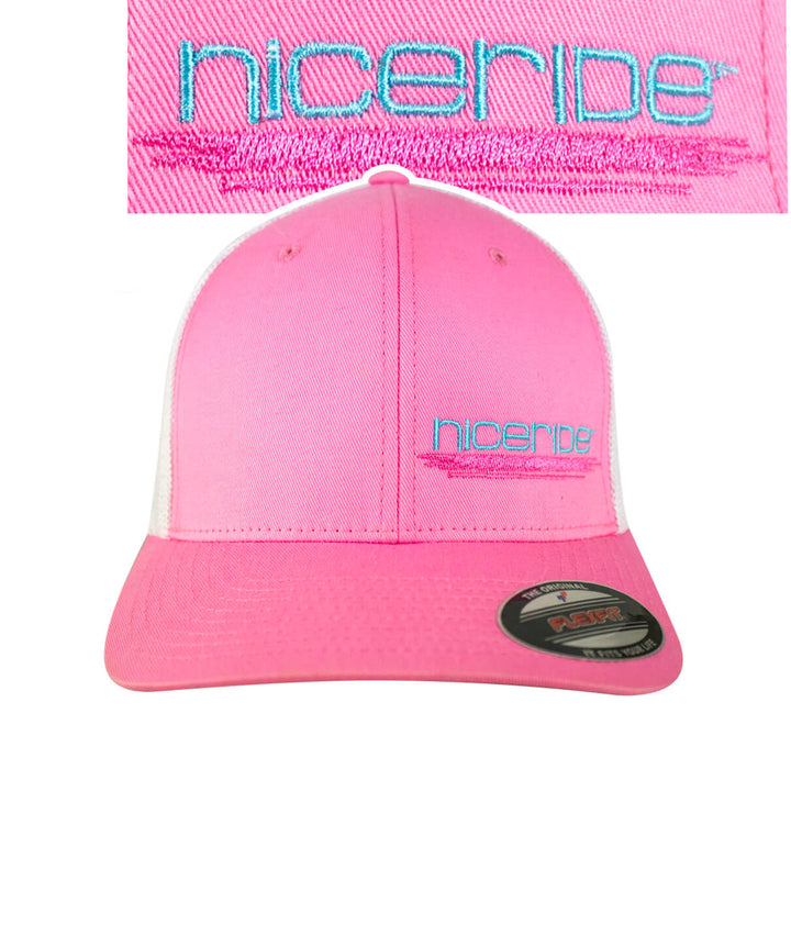 Pink Meshback Flexfit Hat featuring NICERIDE logo on the front, perfect for outdoor activities.