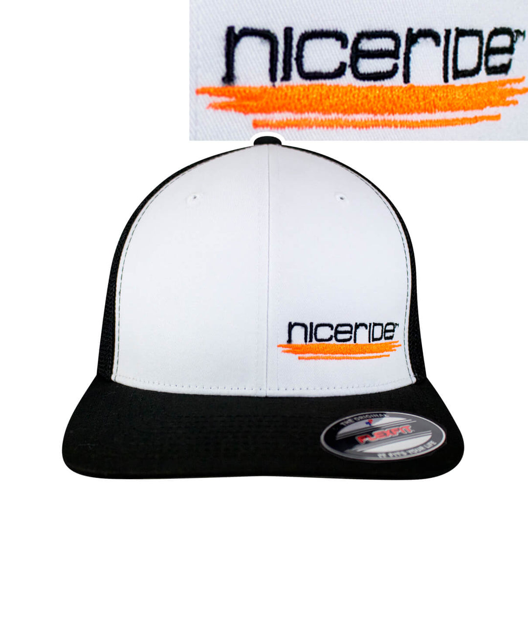 Sunrise Meshback Flexfit Hat featuring embroidered NICERIDE logo on a stylish black and white design.