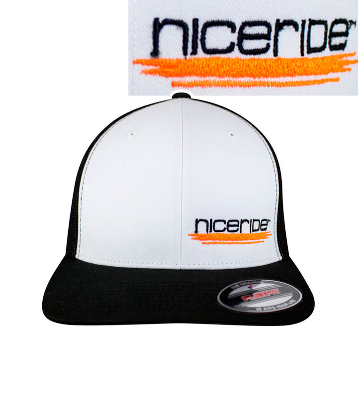 Sunrise Meshback Flexfit Hat featuring embroidered NICERIDE logo on a stylish black and white design.