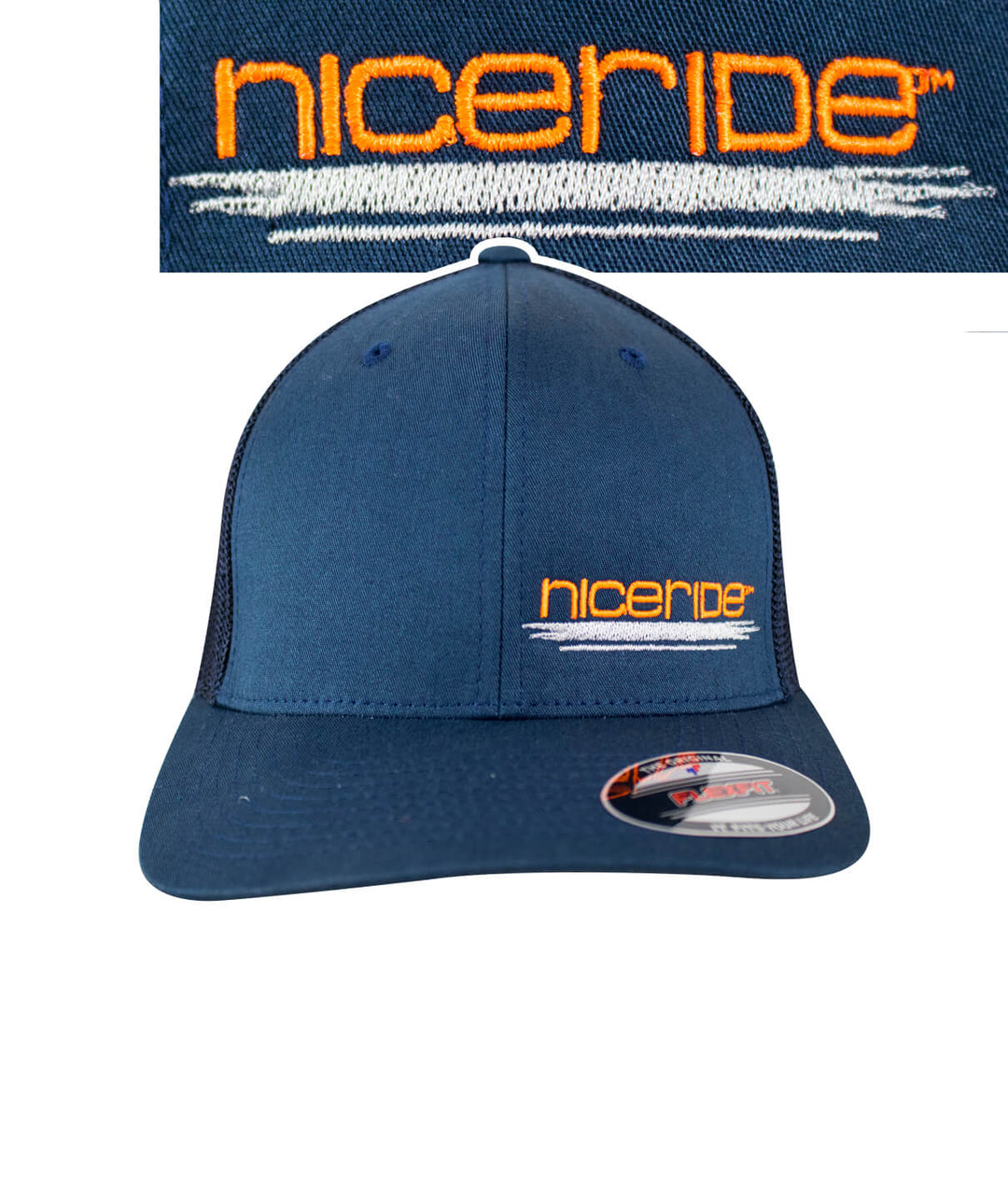 Sunrise Meshback Flexfit Hat with NICERIDE logo design, front view, designed and embroidered in the USA.