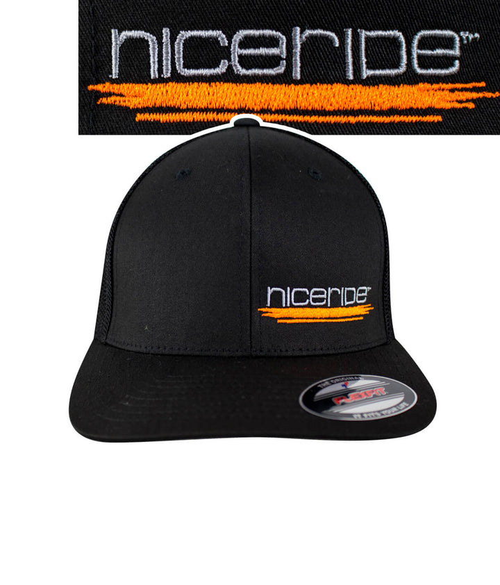 Black Meshback Flexfit Hat with NICERIDE logo, perfect for outdoor activities.