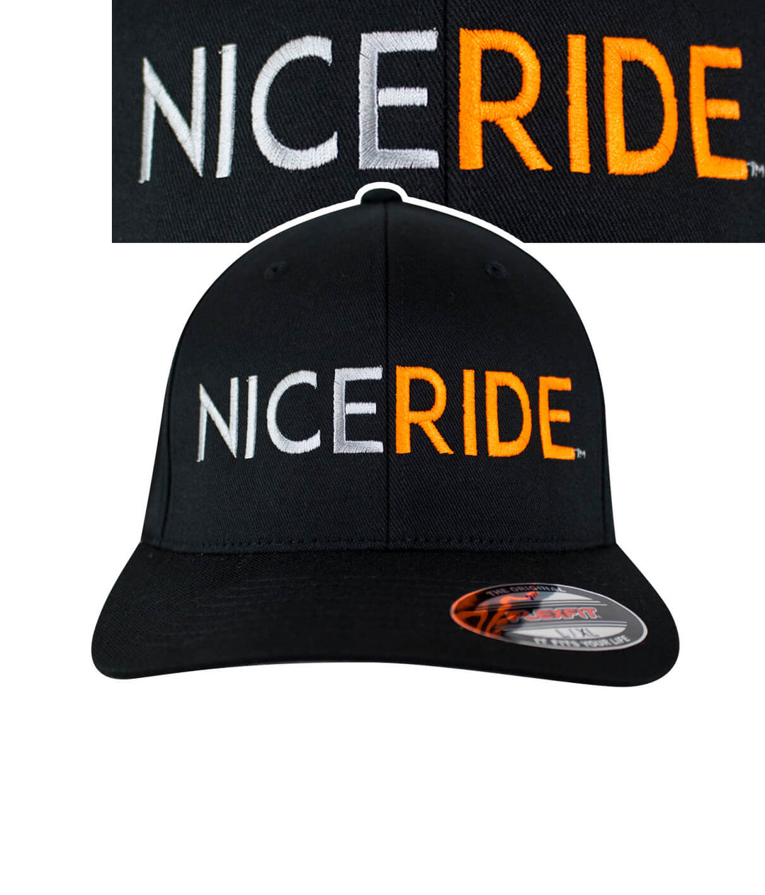NICERIDE Classic Flexfit Hat featuring embroidered logo on black cap, perfect for any casual look with the focus on the hat.