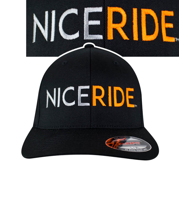 NICERIDE Classic Flexfit Hat featuring embroidered logo on black cap, perfect for any casual look with the focus on the hat.