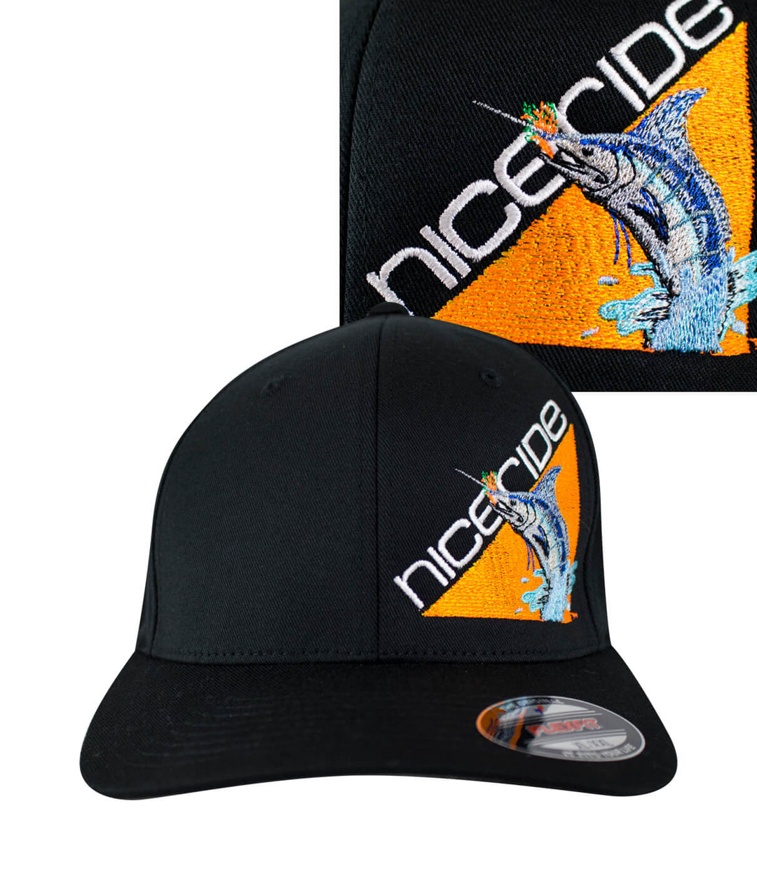 Fin, Set, Sail Classic Flexfit Hat featuring NICERIDE embroidery and vibrant fish design.