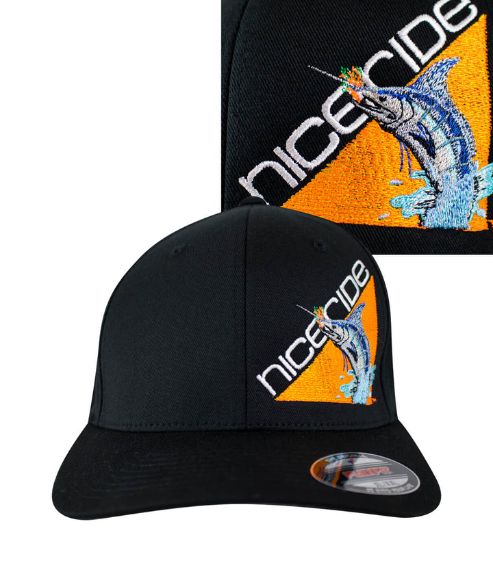 Fin, Set, Sail Classic Flexfit Hat featuring NICERIDE embroidery and vibrant fish design.