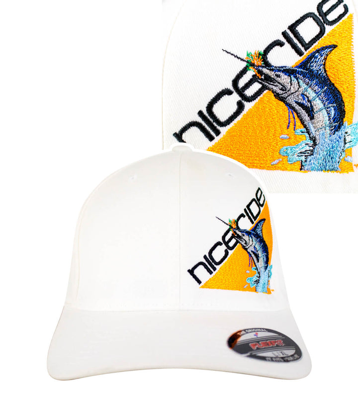Hat with NICERIDE logo and embroidered marlin design on the front, showcasing vibrant colors and stylish design.