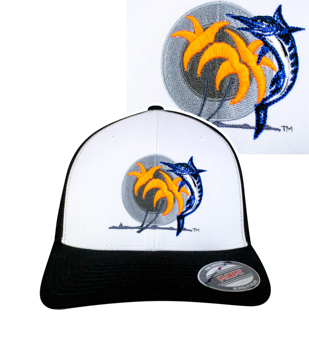 Catch and Release Meshback Flexfit Hat with embroidered sunrise design, perfect for outdoor enthusiasts.