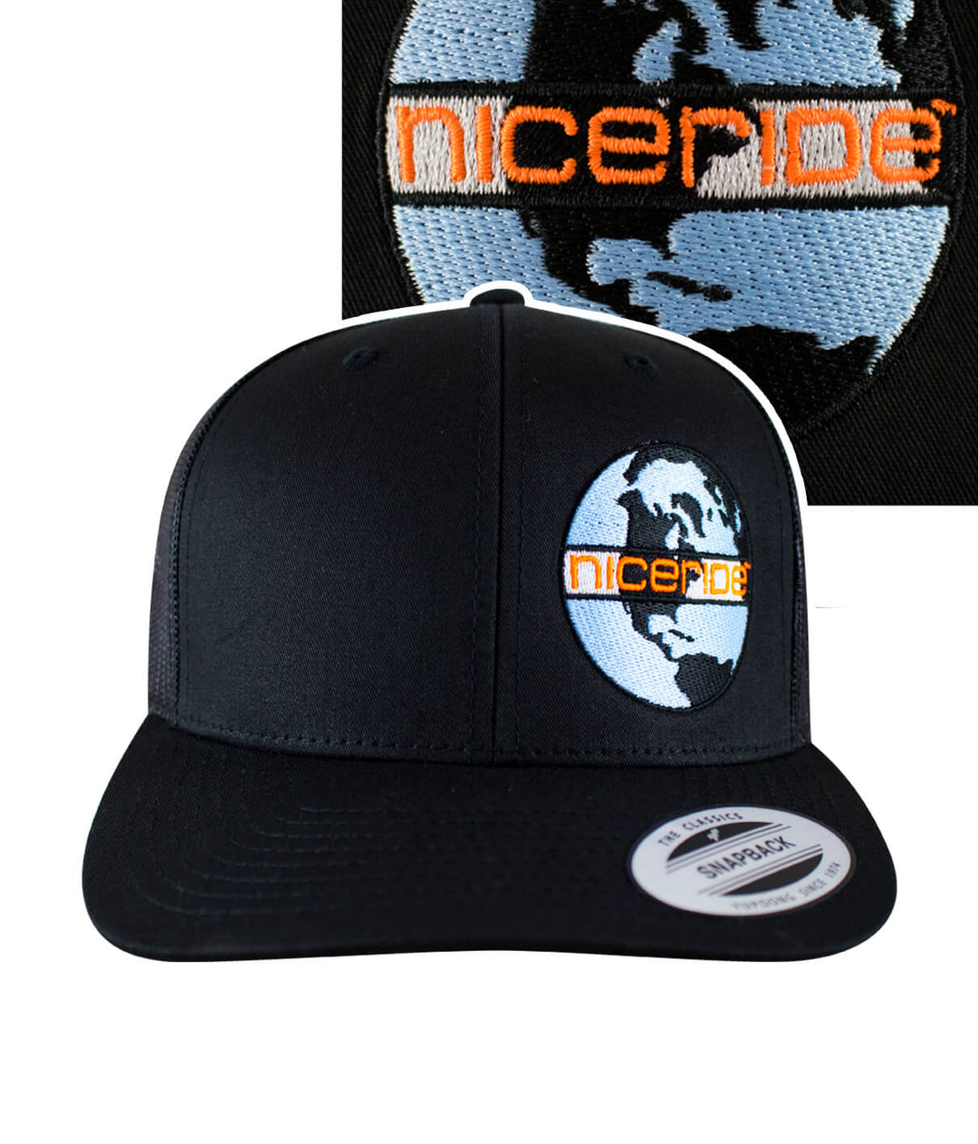 Global Retro Trucker Hat featuring NICERIDE's NR World design embroidered on the front left panel.