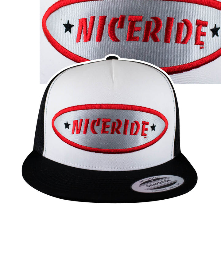 NICERIDE Shield Trucker Cap hat featuring embroidered logo and classic snapback design.