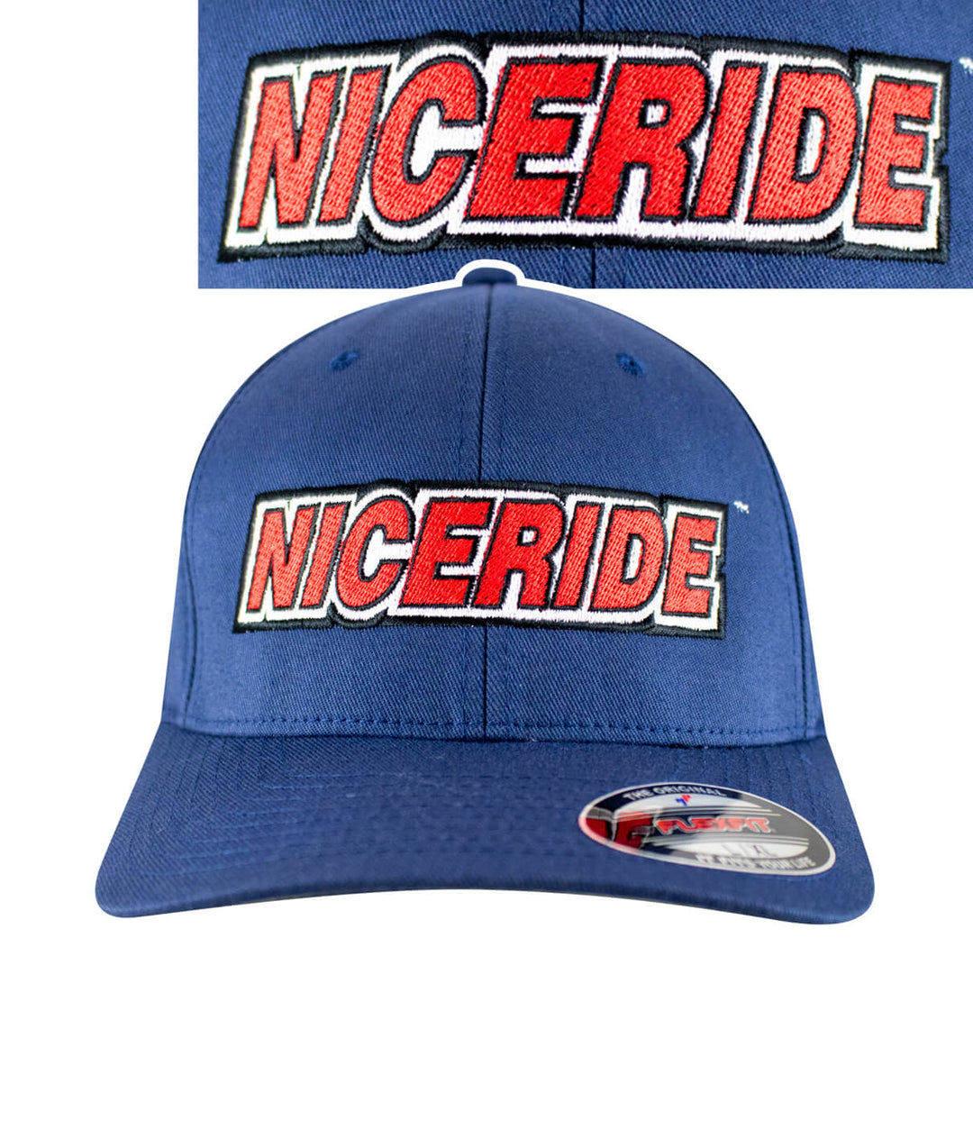 Slick Classic Flexfit Hat featuring NICERIDE logo in bold embroidery on blue background.