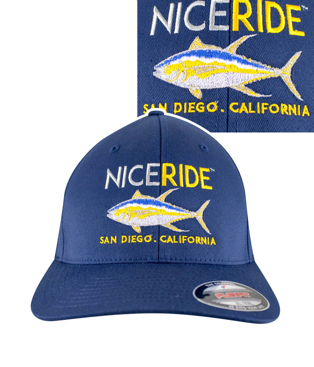 A navy blue baseball cap with a fish embroidered on it