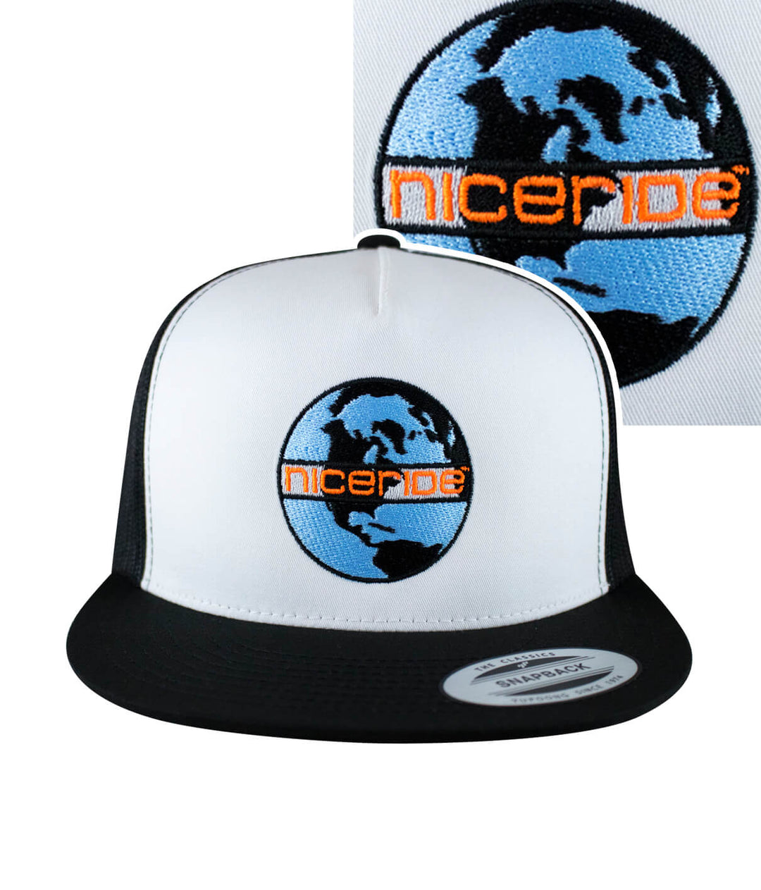 NICERIDE Global Trucker Hat featuring a blue and black globe embroidery on the front panel, classic snapback style hat.