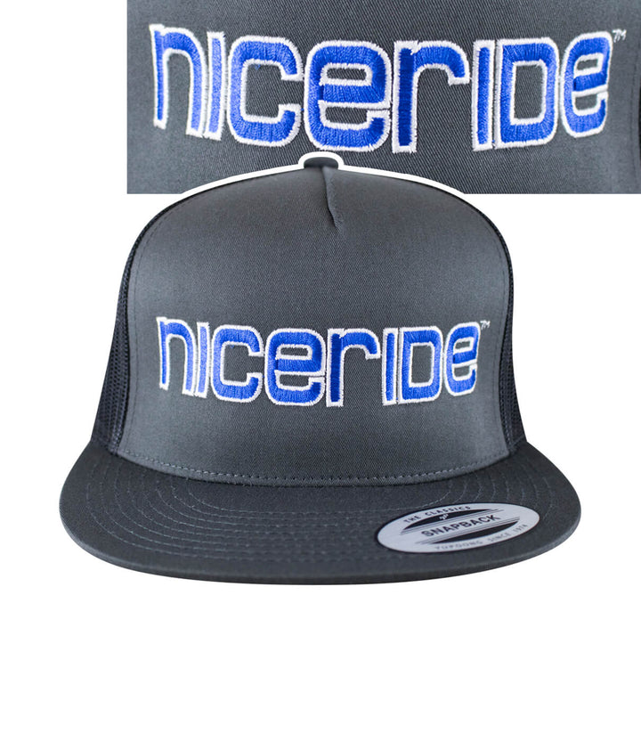 Bold Tower Charcoal Trucker Hat featuring NICERIDE logo in blue, classic snapback design, perfect hat for daily wear.