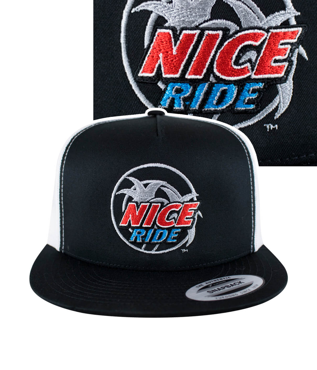 Choo Choo trucker hat with NICERIDE logo embroidered in red and blue on the front panel, showcasing the hat design.