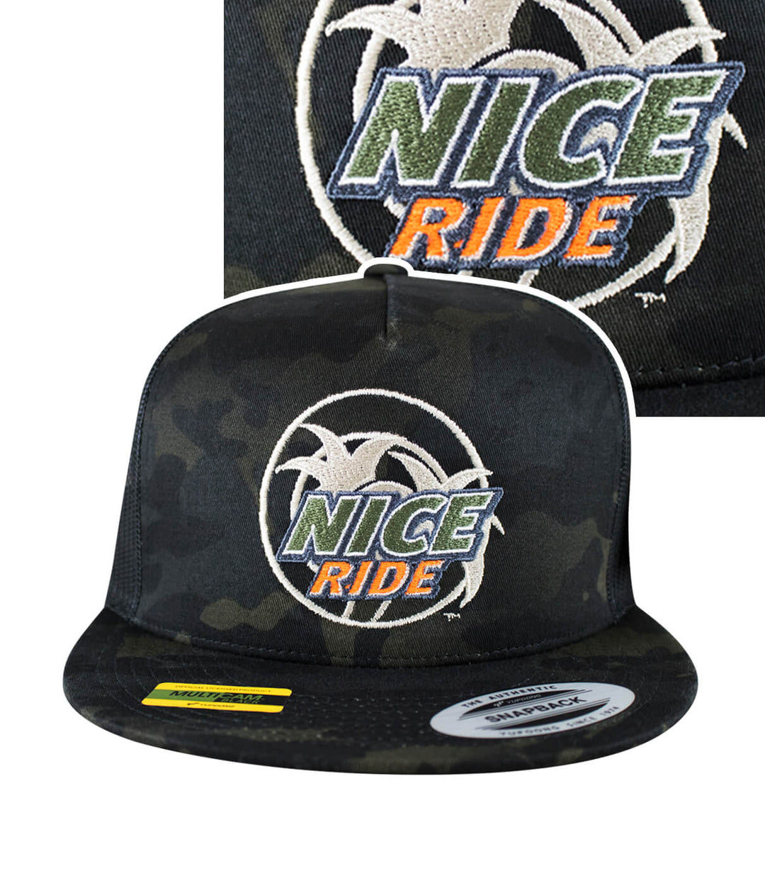 Choo Choo Trucker Hat front view with NICERIDE design and blacked out palm logo, perfect for hat lovers.