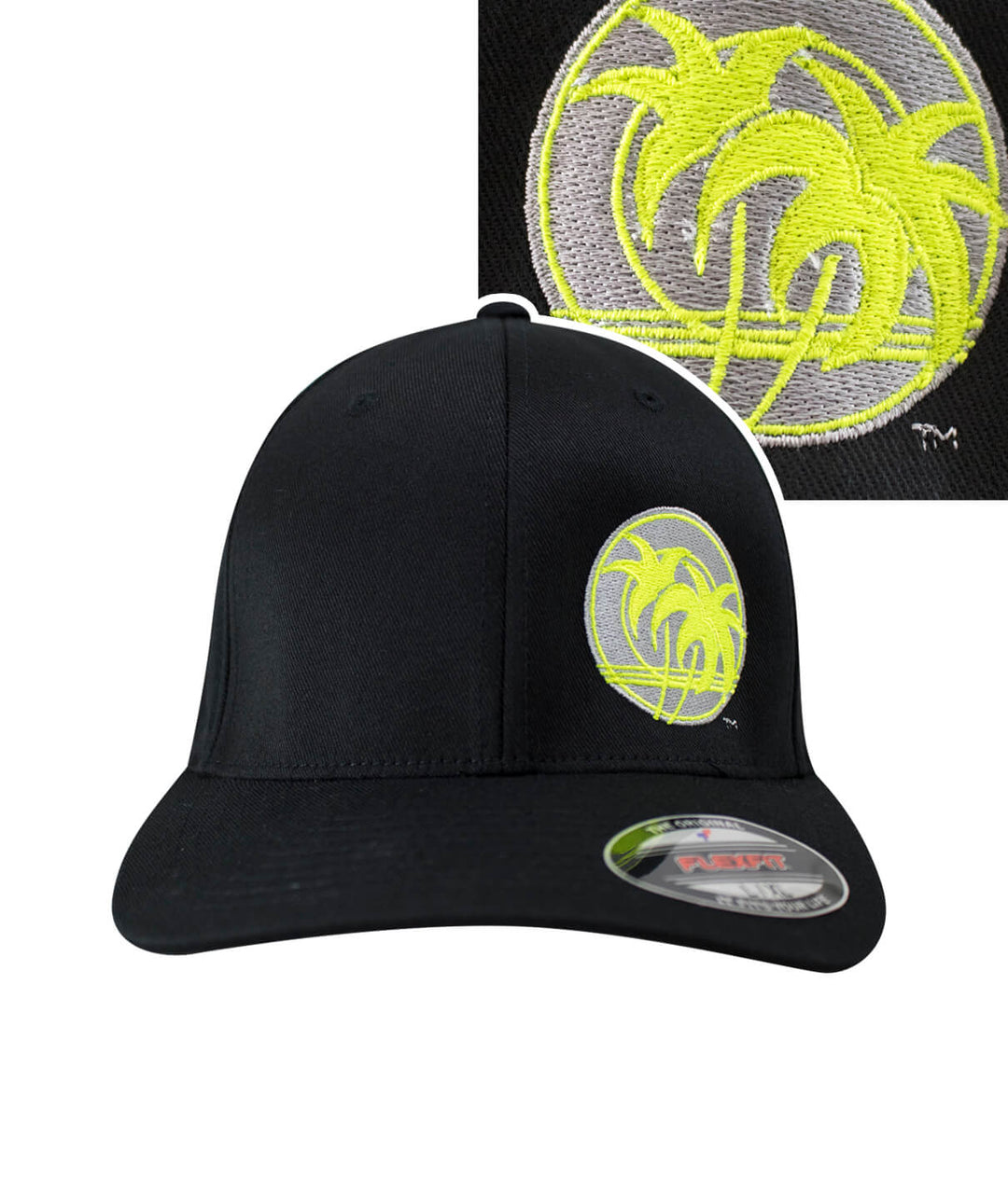 Retro Palm Classic Flexfit Hat featuring embroidered palm logo on black background.