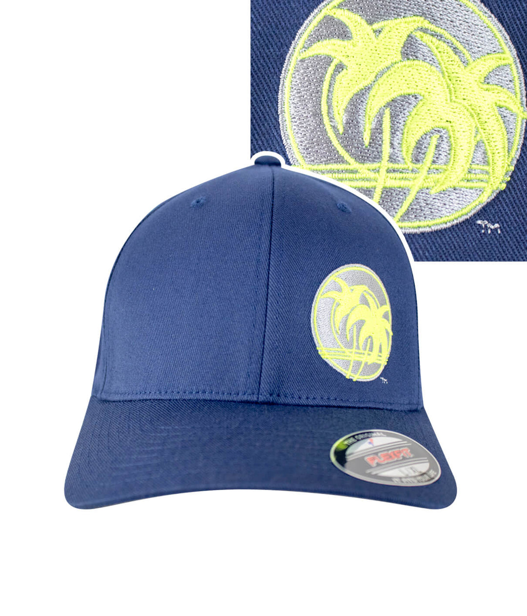 Retro Palm Classic Flexfit Hat featuring palm tree logo in neon yellow on navy background.