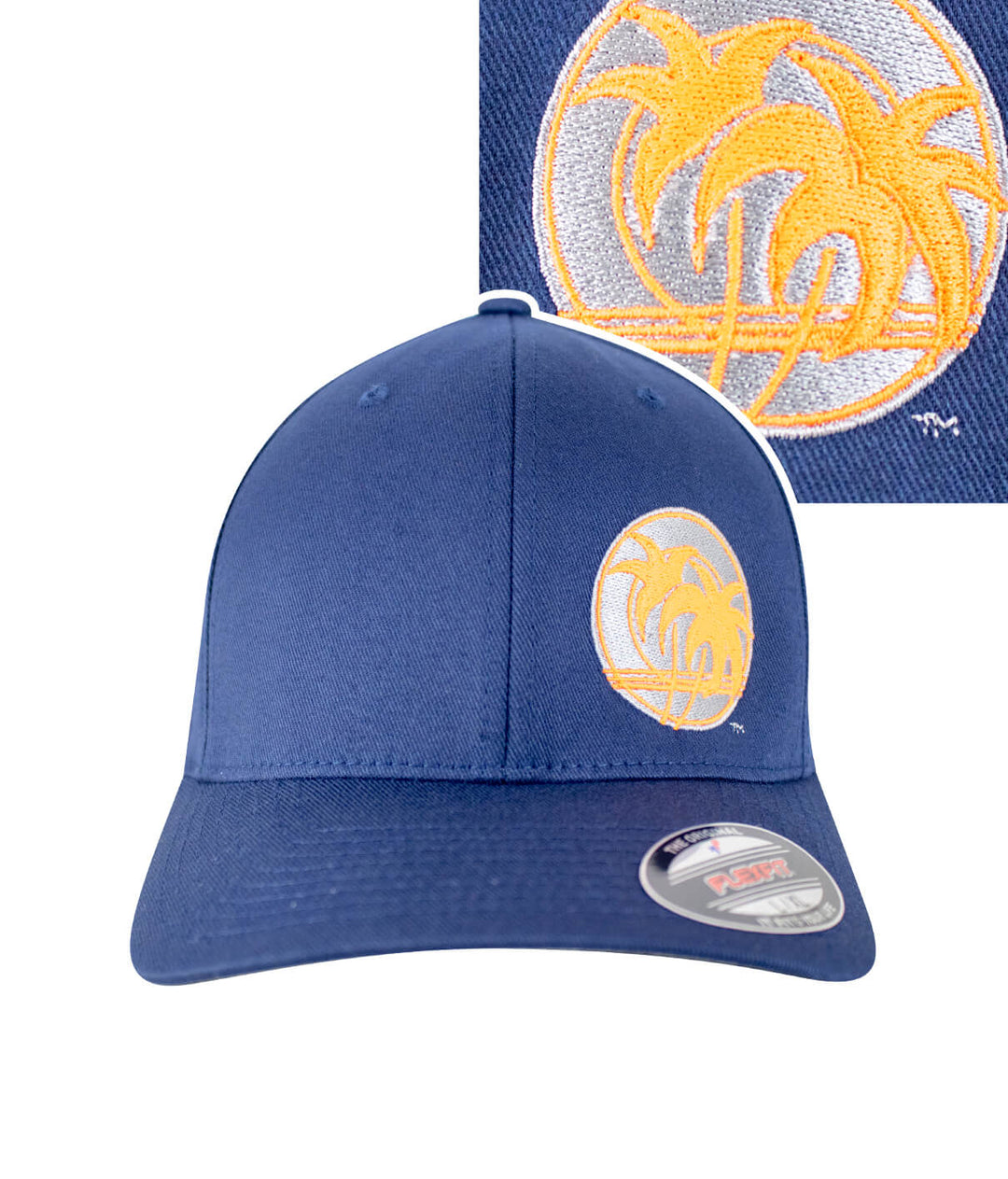 Retro Palm Classic Flexfit Hat featuring NICERIDE logo in navy blue with palm tree embroidery.
