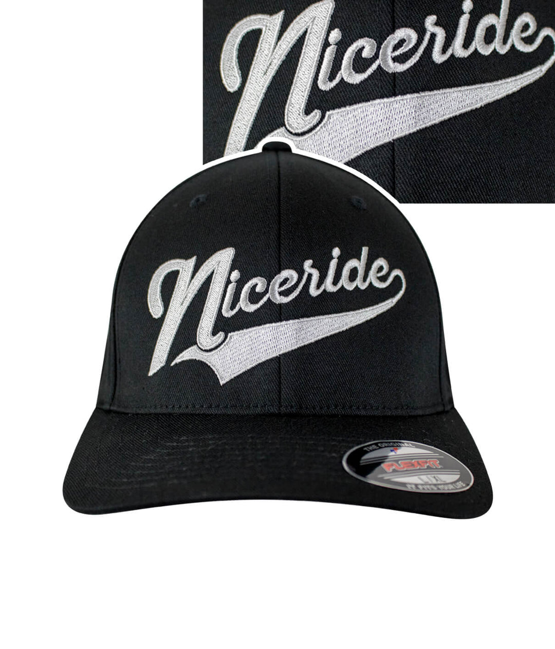 Black cap featuring NICERIDE logo, a stylish hat perfect for casual wear and sports.