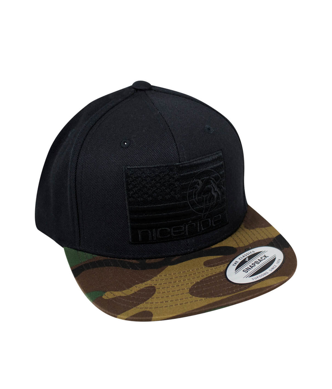 NICERIDE Strong snapback hat showcasing black front with American flag and camo visor, perfect hat for casual wear.