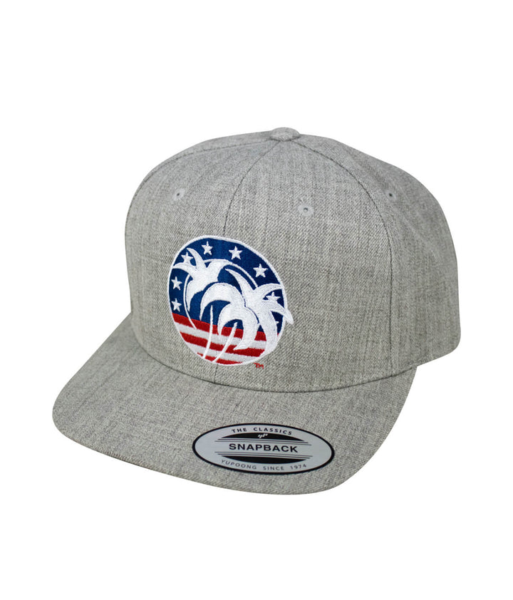 Spirit of 76 hat featuring a palm tree design and embroidered details in red, white, and blue on a gray flatbill snapback.