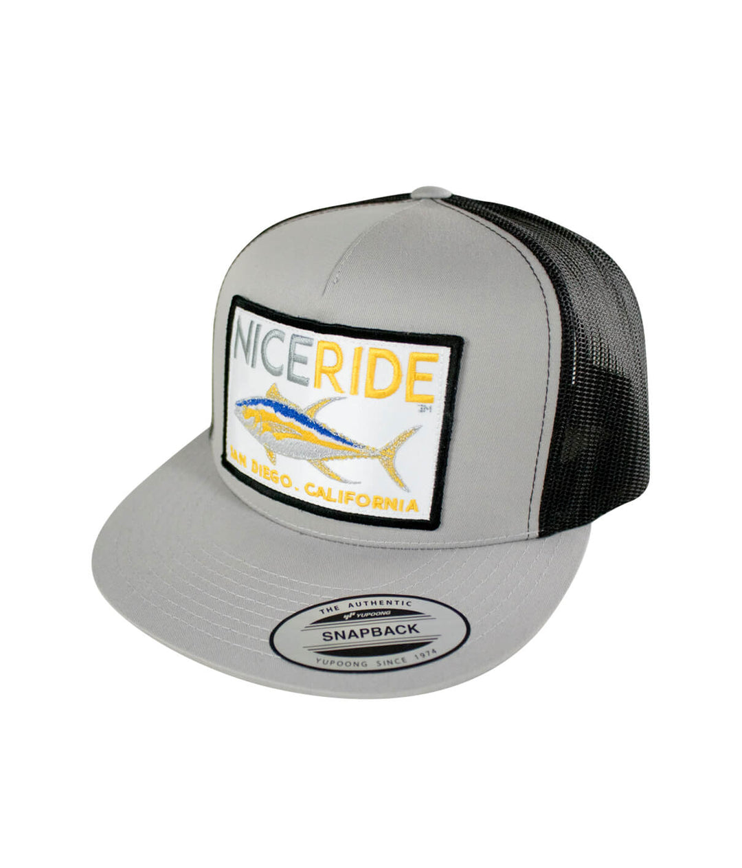 NICERIDE snapback hat with gray front and black mesh back, featuring California embroidery.