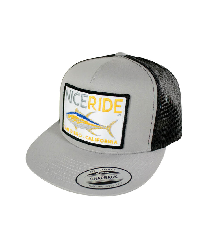 NICERIDE snapback hat with gray front and black mesh back, featuring California embroidery.