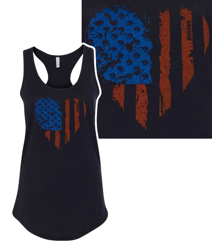 heartbeat tank top in black with blue and orange distressed heart flag design