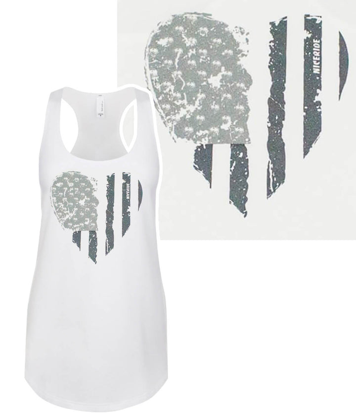 Heartbeat (Grey Tone) tank top featuring American flag design in grey tones on white racerback style.
