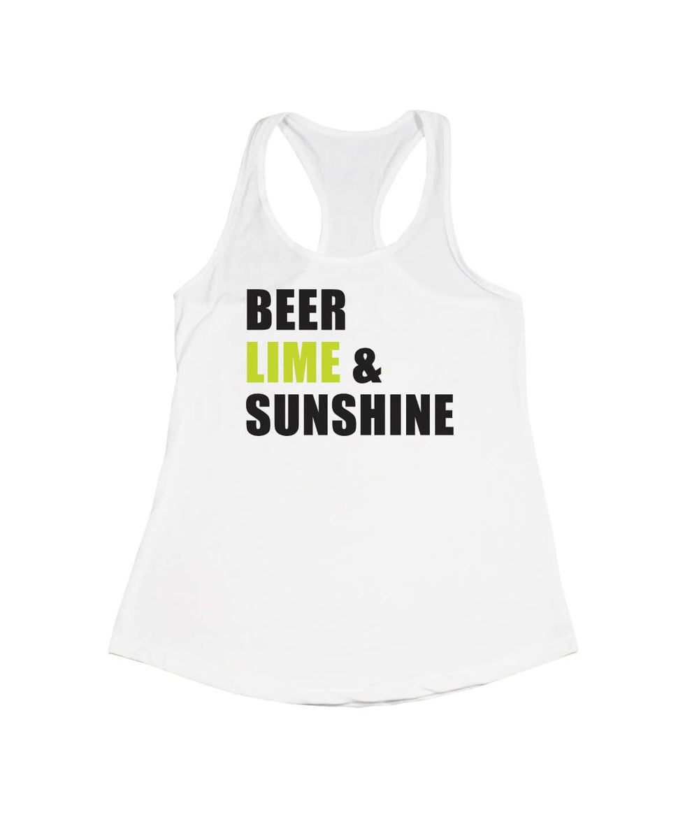 Beer, Lime & Sunshine design on a white tank top for women, comfortable fit, perfect for sunny days.