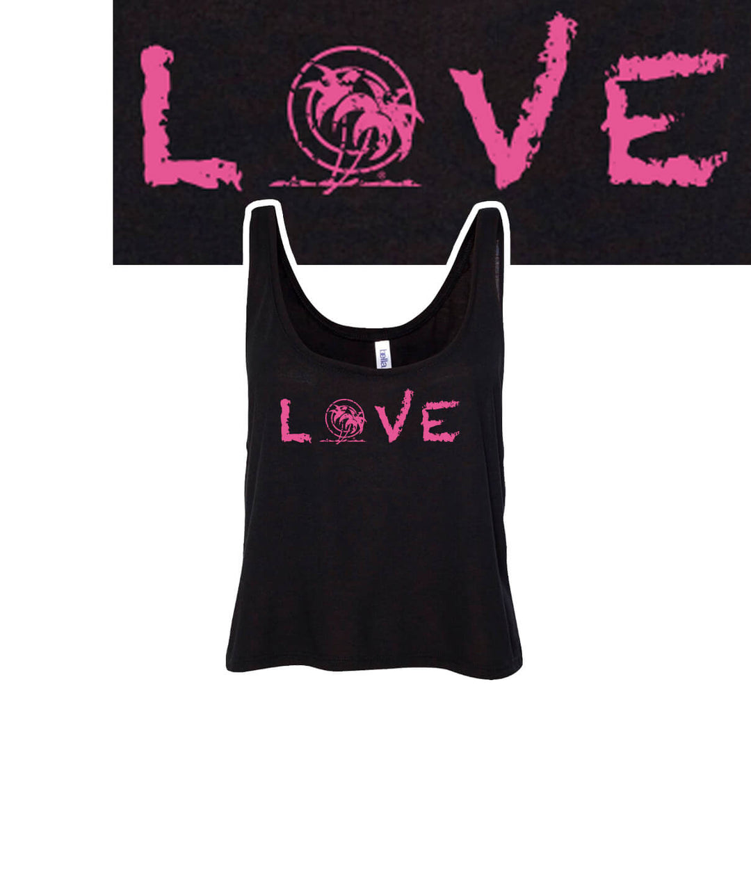 Miami Boxy tank top featuring NICERIDE's "Love" logo design in pink on a black background.