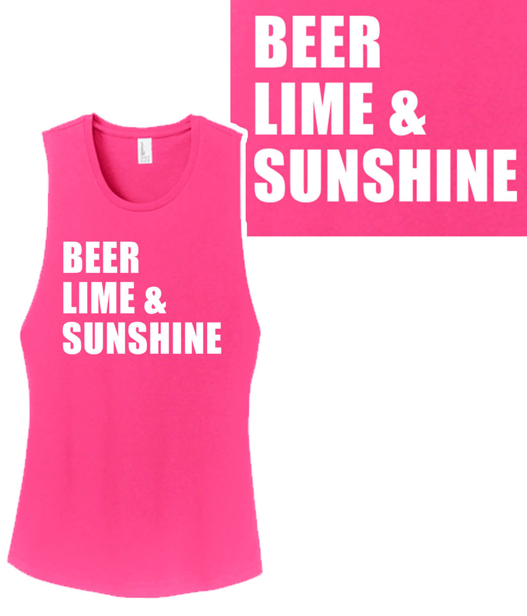 Beer, Lime & Sunshine Women's Muscle Tank Top in bright pink with bold white text.