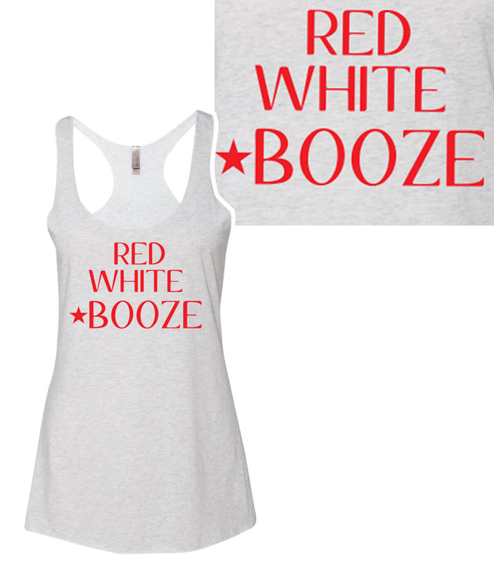 Red White BOOZE graphic on a vintage tank top, ultra-soft and comfortable fit, designed for all occasions.