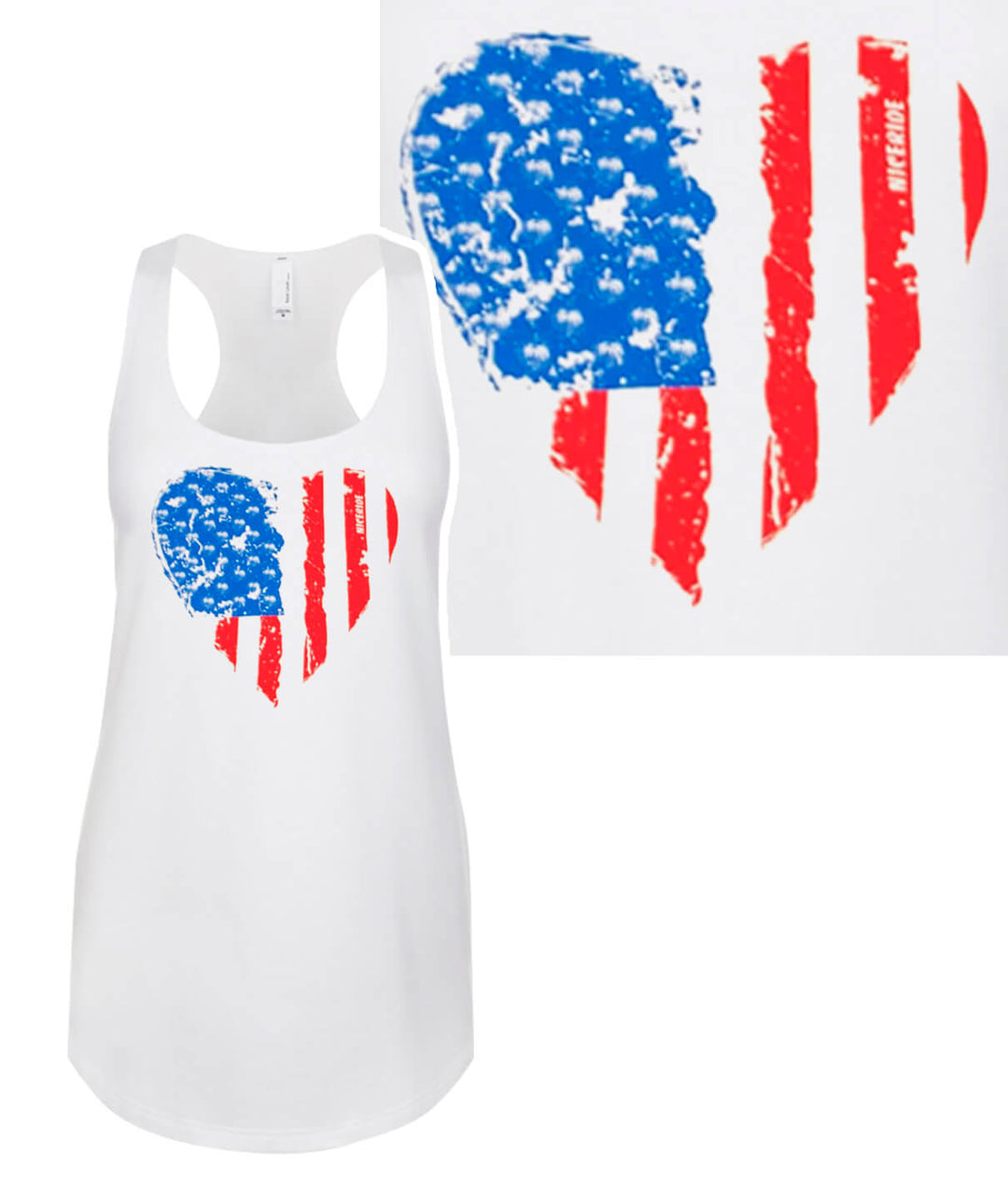 Heartbeat tank top featuring a distressed American flag heart graphic on a white background.